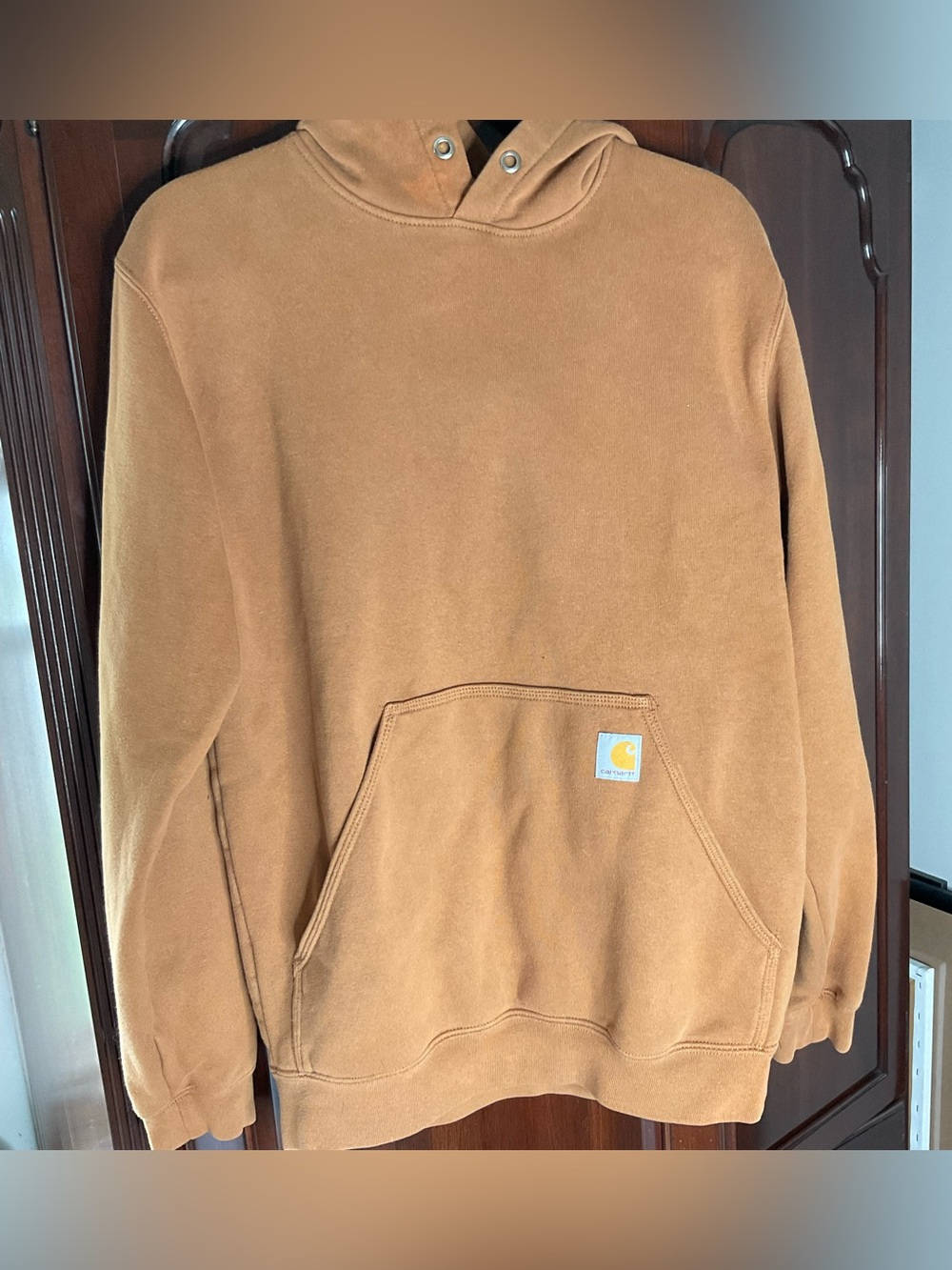 Tan Carhartt hoodie, vintage, some wear, size Small- loose fit, GUC